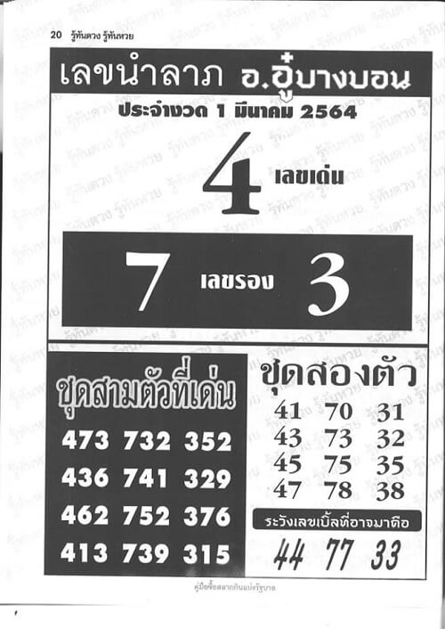 เลขเด็ด อ.อู๋ บางบอน 01/03/64