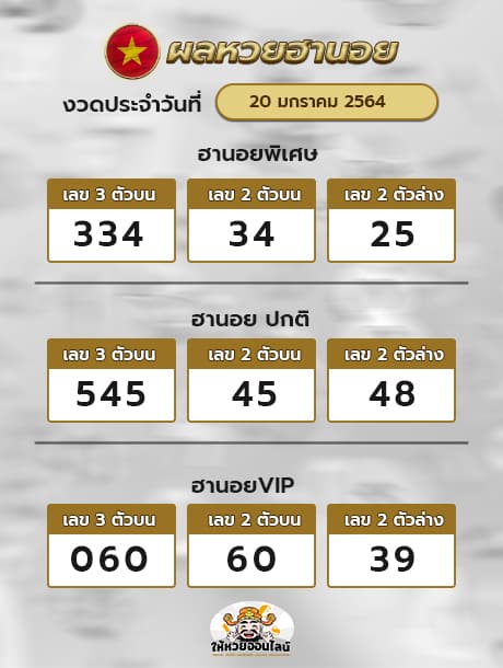 ตรวจหวยฮานอย 20/1/64