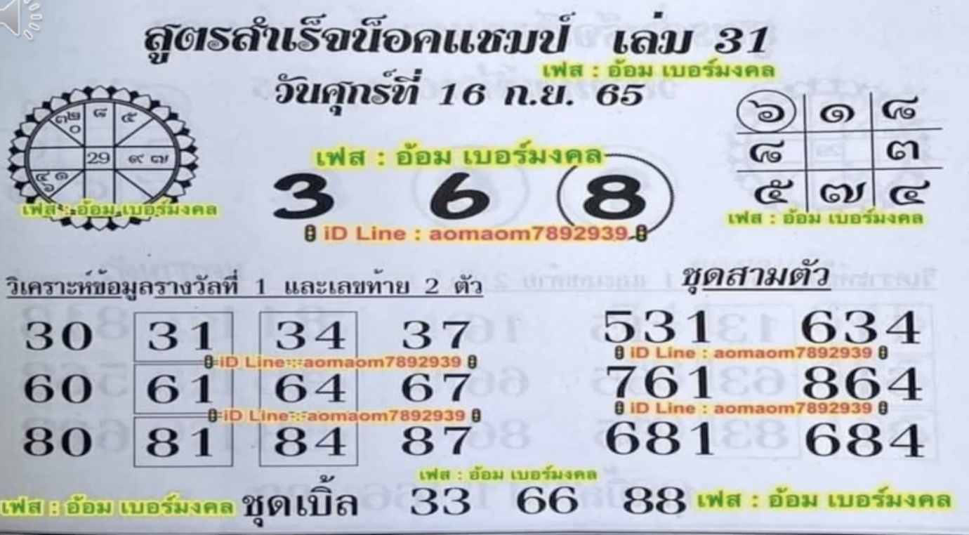 เลขสูตรสำเร็จน็อคแชมป์ 16/9/65