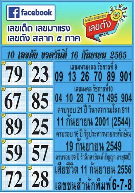 เลขกองสลาก 5 ภาค 16/9/65