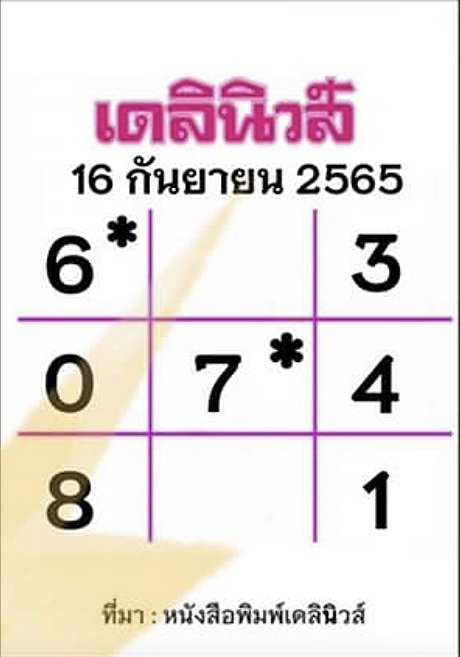 หวยเดลินิวส์ 16/9/65